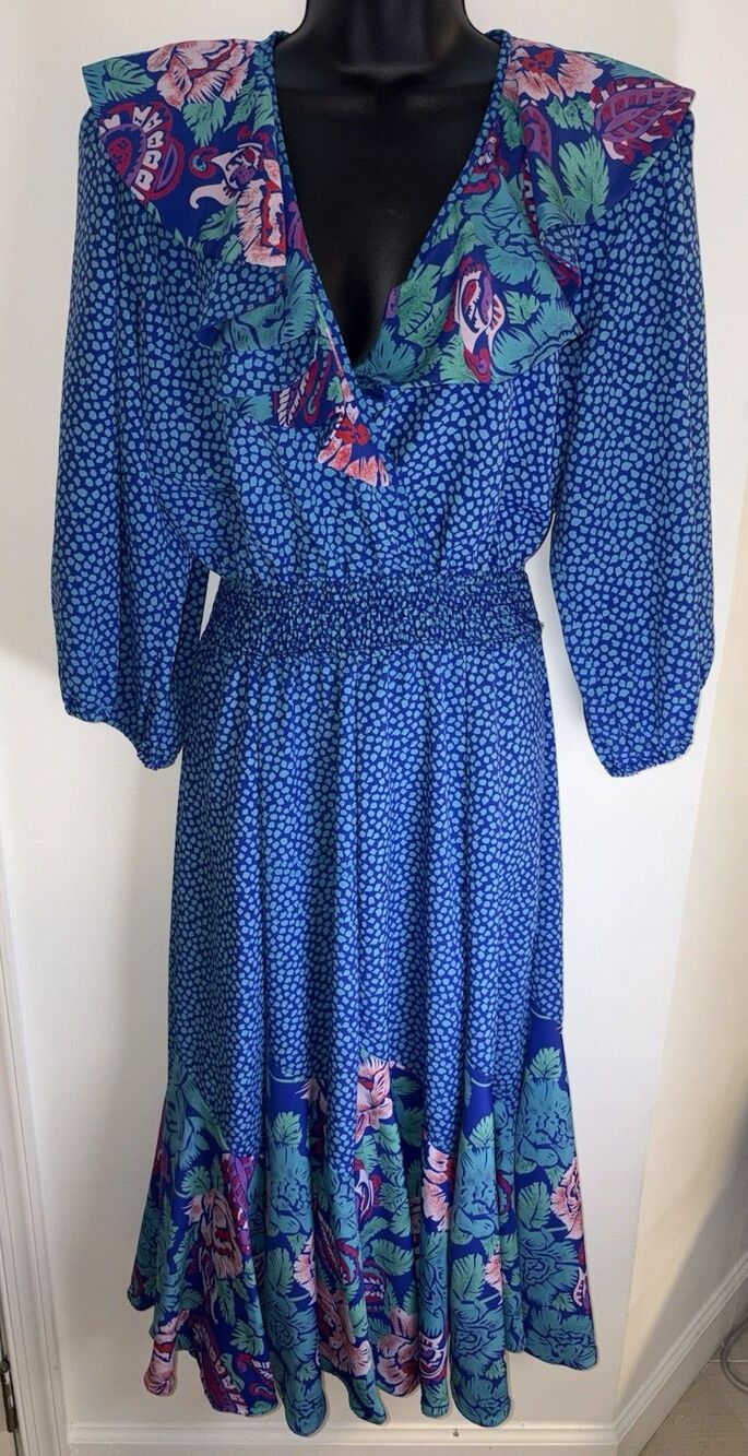 Vtg 80s Susan FREIS midi DRESS Pleat Ruffles Boho Chic Hippie Festival Sz Small